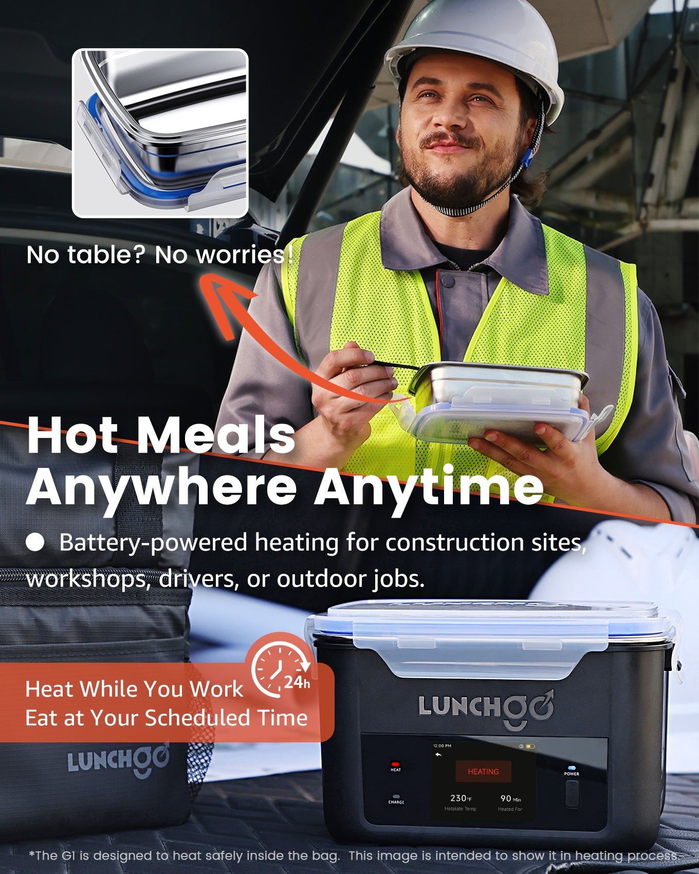 Fiambrera eléctrica inteligente LUNCHGO G1: fiambrera térmica con pantalla táctil y temporizador | Carga rápida tipo C, acero inoxidable 316, calentador de alimentos portátil para el trabajo y viajes