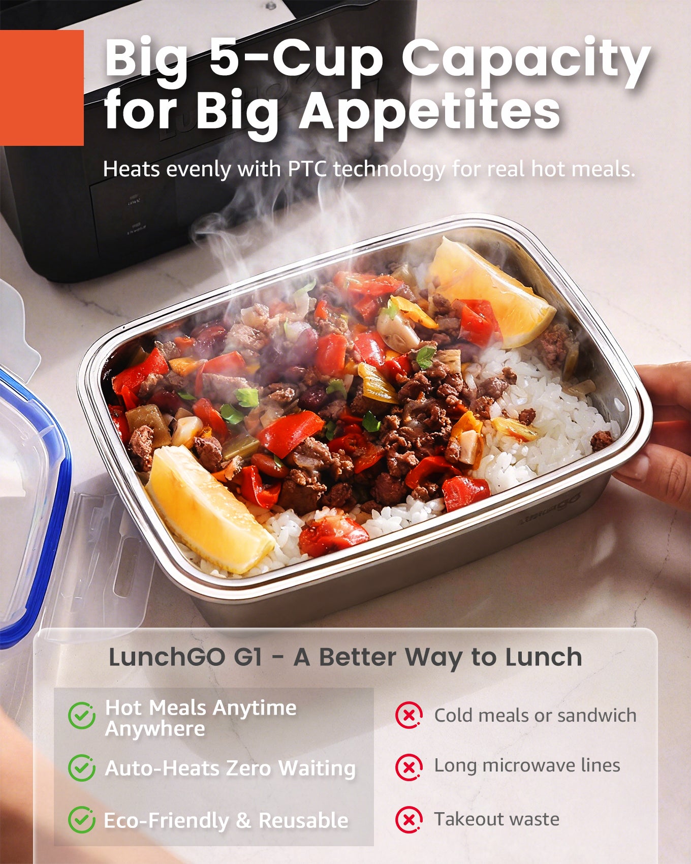 Fiambrera eléctrica inteligente LUNCHGO G1: fiambrera térmica con pantalla táctil y temporizador | Carga rápida tipo C, acero inoxidable 316, calentador de alimentos portátil para el trabajo y viajes