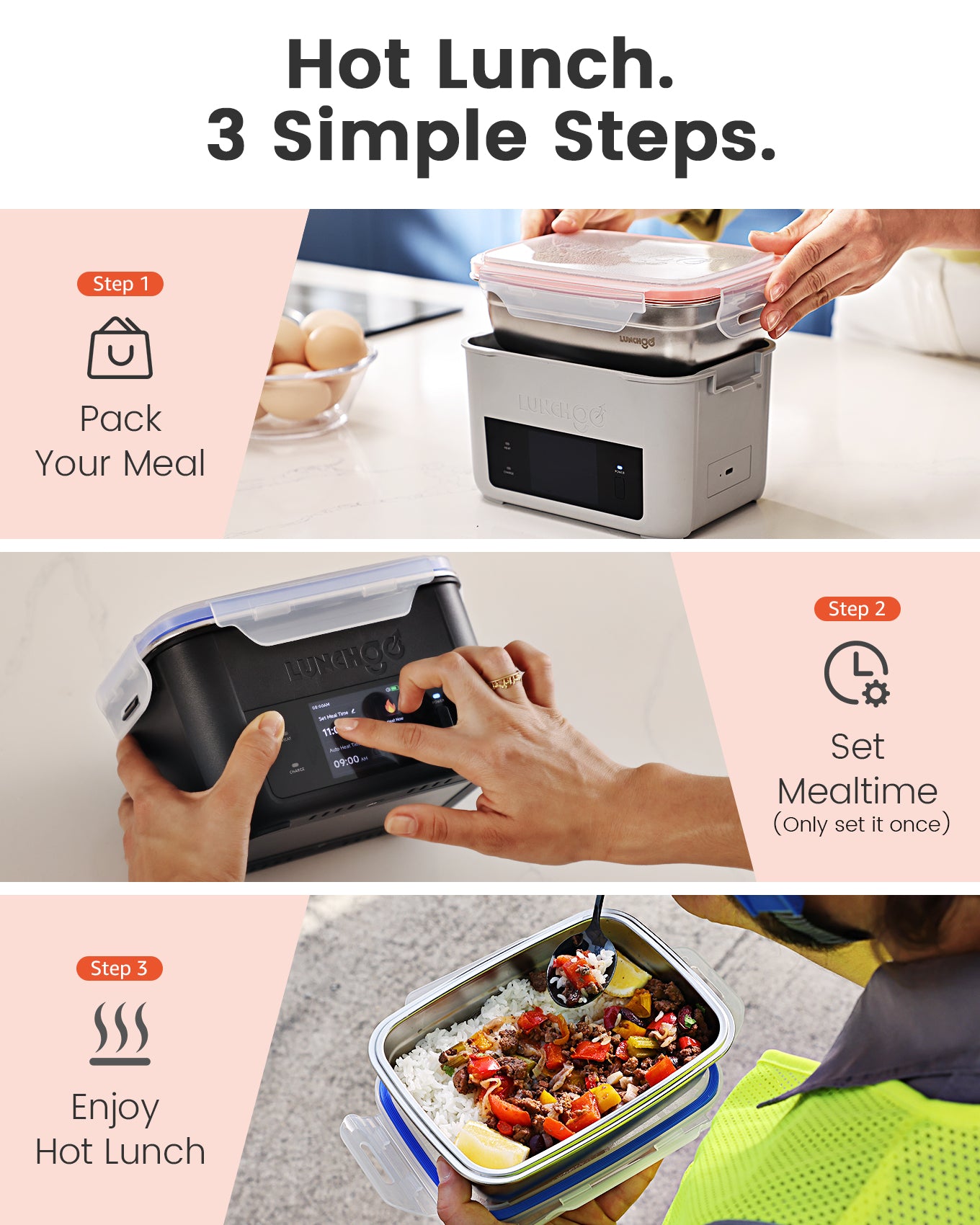 Fiambrera eléctrica inteligente LUNCHGO G1: fiambrera térmica con pantalla táctil y temporizador | Carga rápida tipo C, acero inoxidable 316, calentador de alimentos portátil para el trabajo y viajes