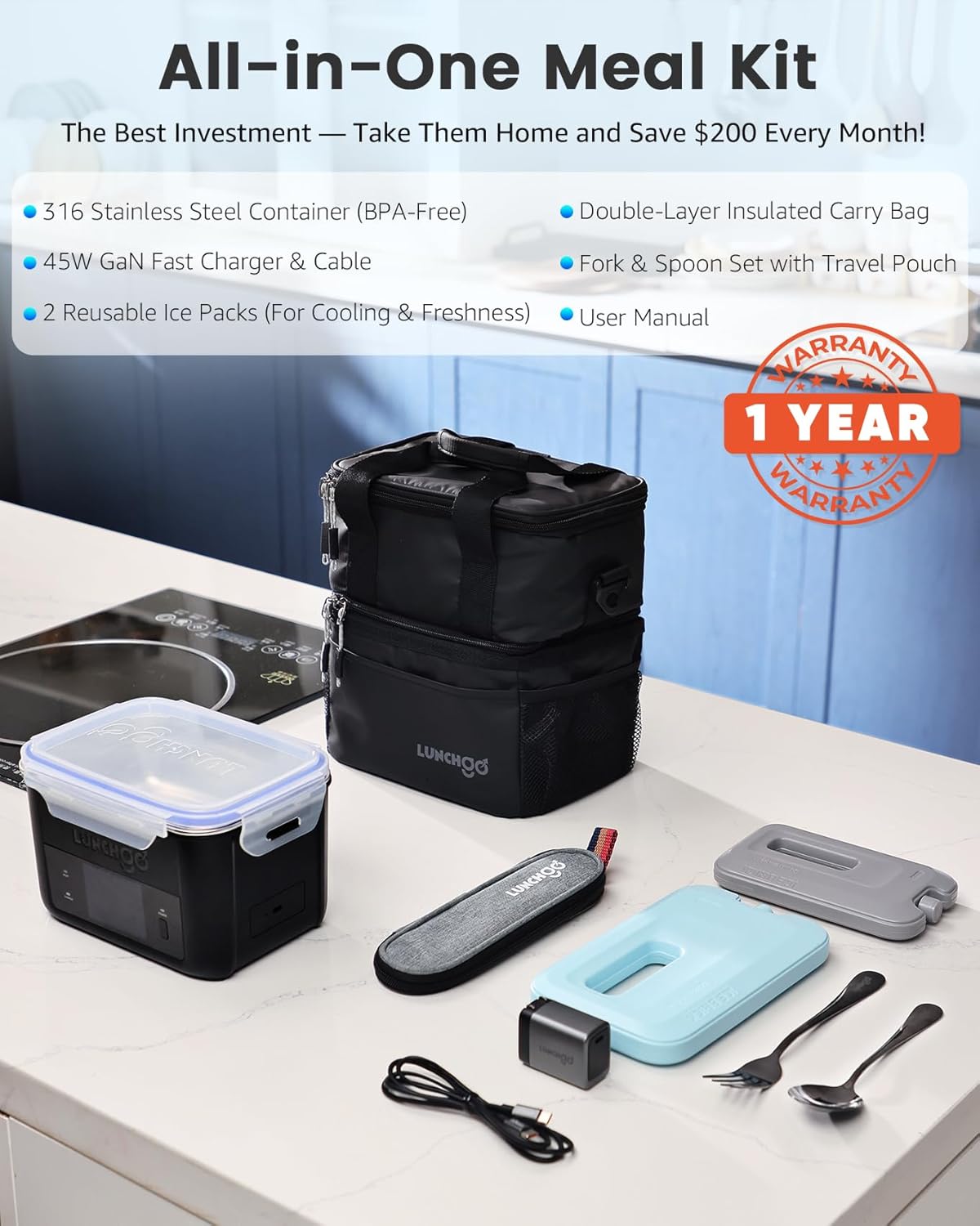 Fiambrera eléctrica inteligente LUNCHGO G1: fiambrera térmica con pantalla táctil y temporizador | Carga rápida tipo C, acero inoxidable 316, calentador de alimentos portátil para el trabajo y viajes