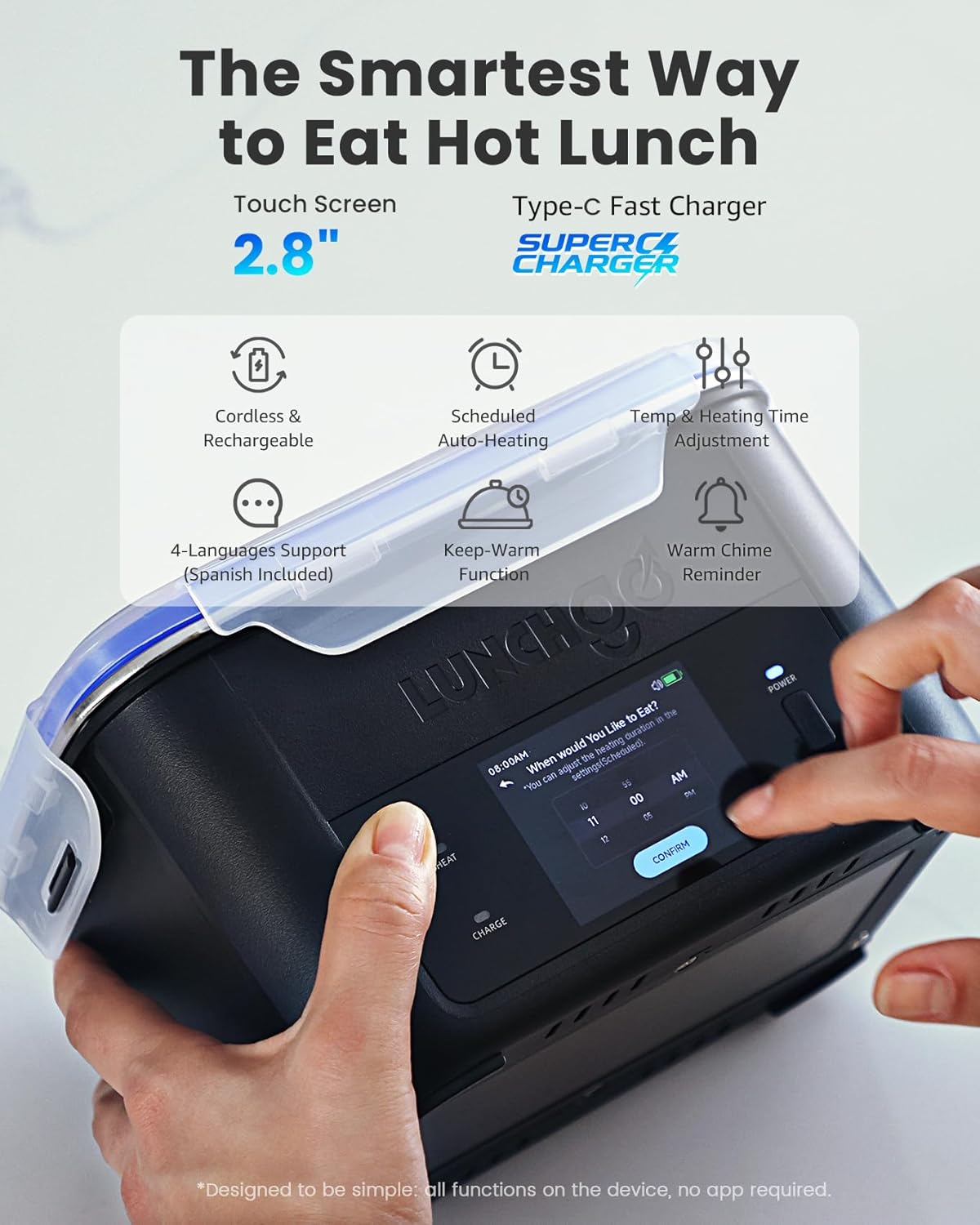 Fiambrera eléctrica inteligente LUNCHGO G1: fiambrera térmica con pantalla táctil y temporizador | Carga rápida tipo C, acero inoxidable 316, calentador de alimentos portátil para el trabajo y viajes
