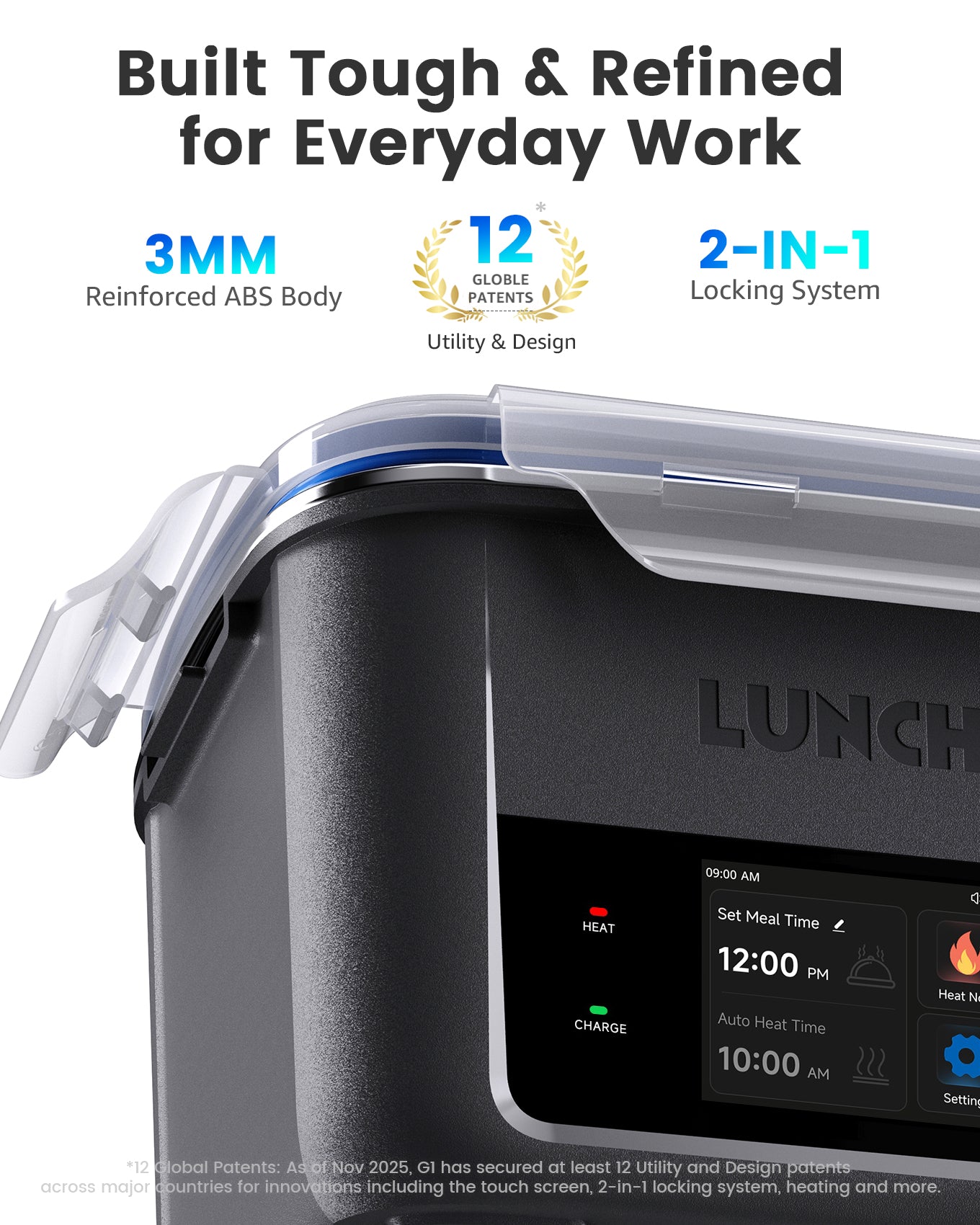 Fiambrera eléctrica inteligente LUNCHGO G1: fiambrera térmica con pantalla táctil y temporizador | Carga rápida tipo C, acero inoxidable 316, calentador de alimentos portátil para el trabajo y viajes