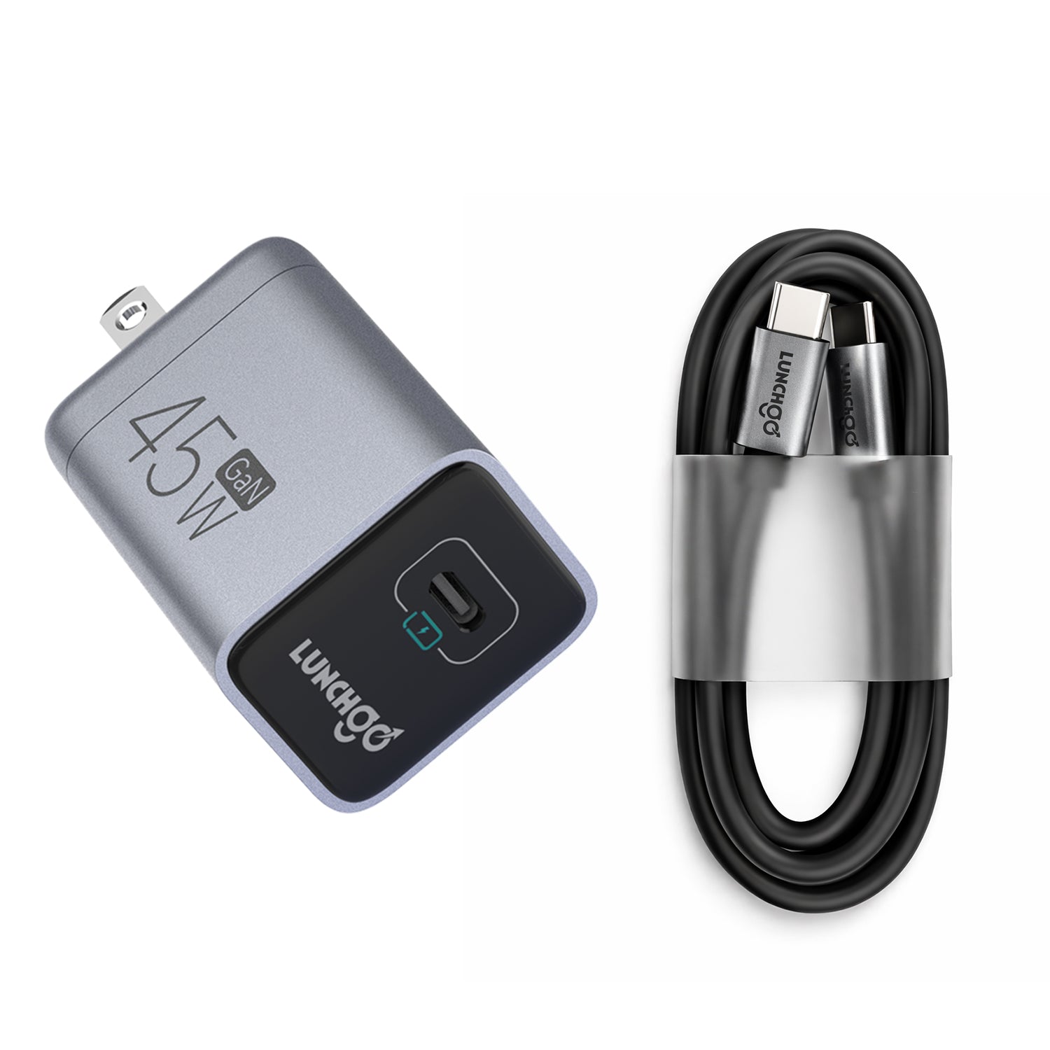 45W Max GaN Charger, USB C 90° Foldable Plug, Built-in Care Mode, for LunchGO Heated Lunch Box (Non-Battery, One USB-C Port, with Cable)
