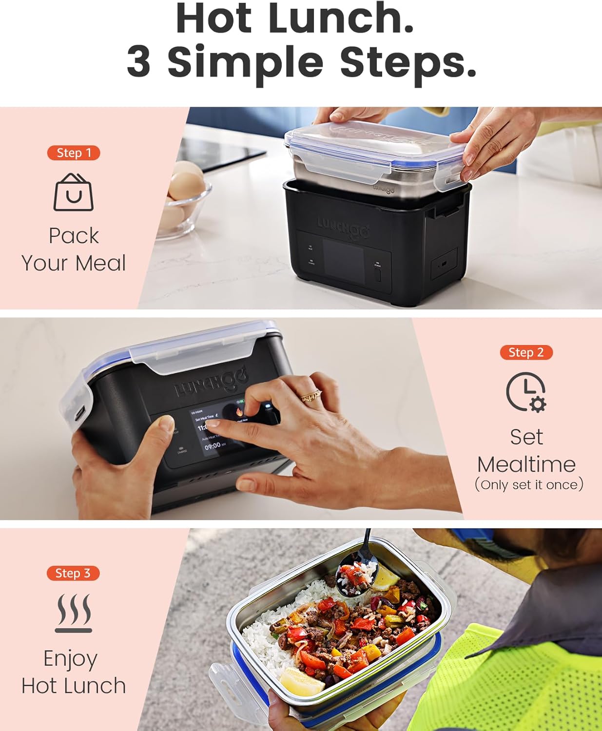 LUNCHGO® G1-Long Range-103wh (2-3 Meals), Smart Electric Heated Lunch Box – Cordless, 5 Cups Capacity, Battery Powered, 250°F Max, Scheduled Heating, Perfect for Outdoor Work, On-The-Go Meals (Carbon Black)
